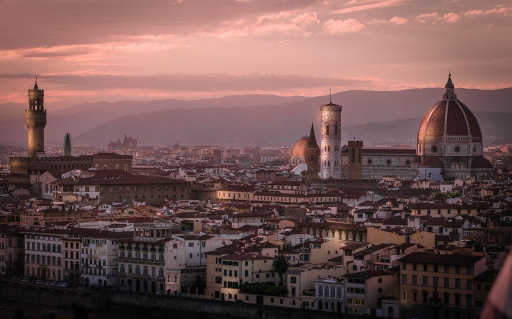 Romantic panoramic view of Florence skyline - driving in Tuscany