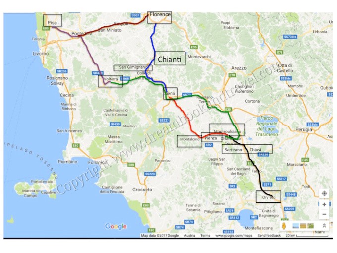Driving in Tuscany - proposed map of a Tuscany road trip itinerary