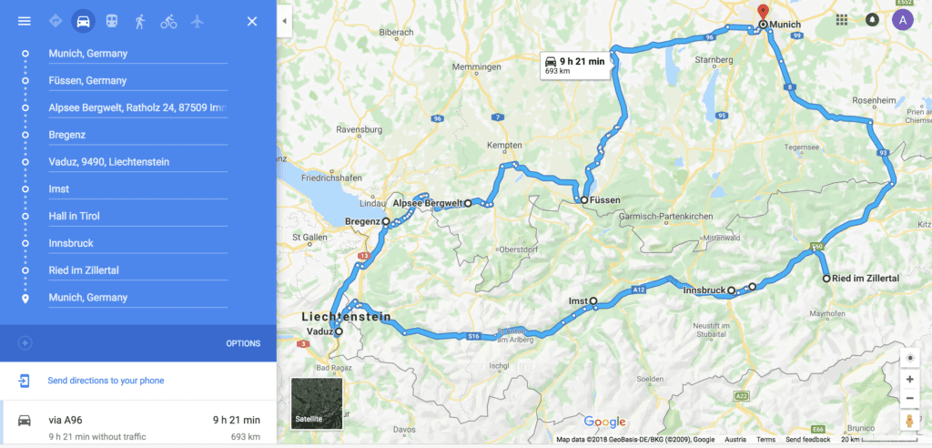 Map of the one week Austria itinerary through Tyrol and Vorarlberg from Munich