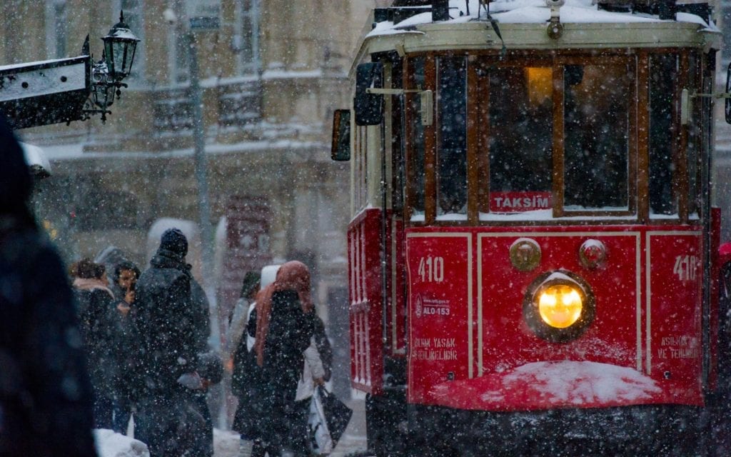 Traditional tram on Istiklal Street in Istanbul in winter 